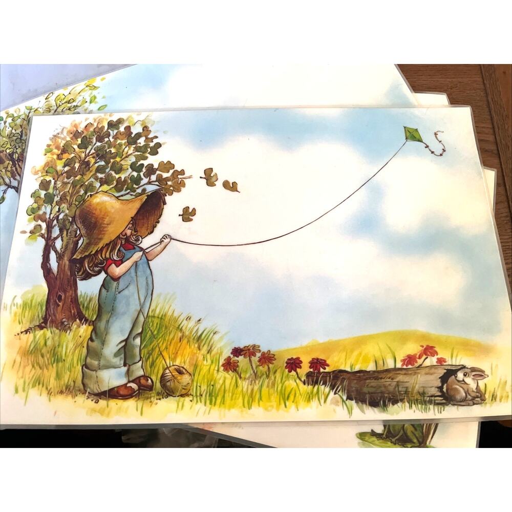 4 Laminated 1970s Placemats Little Girl Fishing Flying Kite - Picture 2 of 4